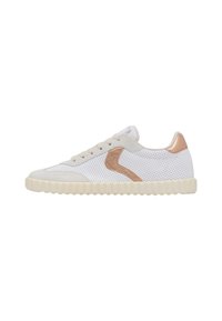 Sneaker bianco in rete con accenti in suede beige, lacci piatta e suola in gomma testurizzata; presenta un design perforato per una maggiore traspirabilità.