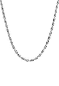 Zilveren gedraaide ketting met intrigerende in elkaar verweven schakels, tentoongesteld op een witte achtergrond.