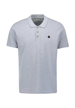 Lichtgrijze polo shirt met een klassieke kraag, een drieknoopssluiting en een klein zwart hexagonaal logo op de borst. Korte mouwen.