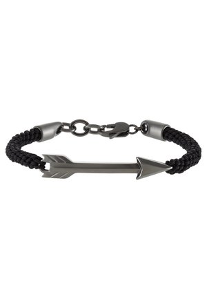 Bracelet en cordelette noire tressée avec un élément central métallique en forme de flèche et une fermeture chaîne avec un fermoir mousqueton.