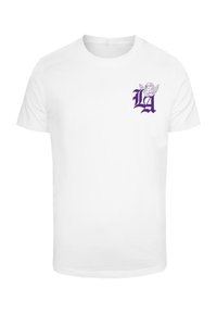White cotton t-shirt featuring a purple graphic of "LA" and an angel design on the left chest. Short sleeves, classic crew neck.