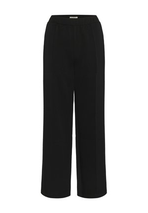 Pantaloni negri cu croi larg, cu un talie elastică înaltă, dintr-o țesătură moale, având șanțuri verticale pe laturi pentru un aspect elegant.