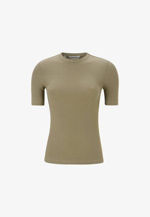 Olívazöld bordázott, rövid ujjú felső, kerek nyakkivágással. Puha tapintású és testhez simuló fazon, a "Soft Rebels" címkével ellátva.