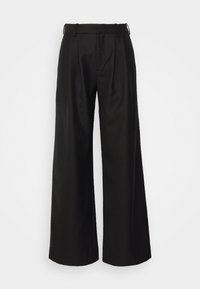 Pantalon large noir taille haute avec passants de ceinture et plis à l'avant, présenté sur un fond blanc uni.