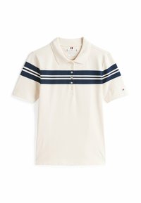 Beige polo shirt lavet af bomuld, med et marineblåt stribedesign over brystet og tre knapper i placket. Kortærmet.