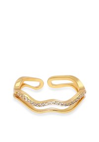 Gold adjustable ring with a wavy design, featuring a row of small clear crystals along the center for added detail.