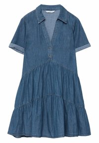 Denim jurk met een kraag, korte opgerolde mouwen, een knoopsluiting aan de voorkant en een gelaagde rok. Blauwe kleur met een zachte textuur.