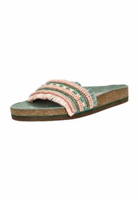 Flad slidesandal med en grøn ruskindsål, korksål og en dekorativ rem lavet af fersken- og tealfarvede vævede perler.