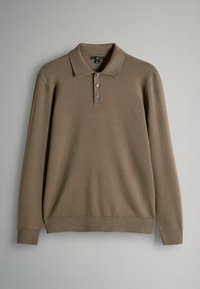 Brauner gestrickter Polo-Pullover mit langen Ärmeln, Vier-Knopf-Blende, gerippten Bündchen und glatter Textur.