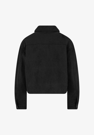 Chaqueta negra de manga larga con corte recto, cuello doblado y puños con botones, mostrada desde atrás sobre fondo blanco.