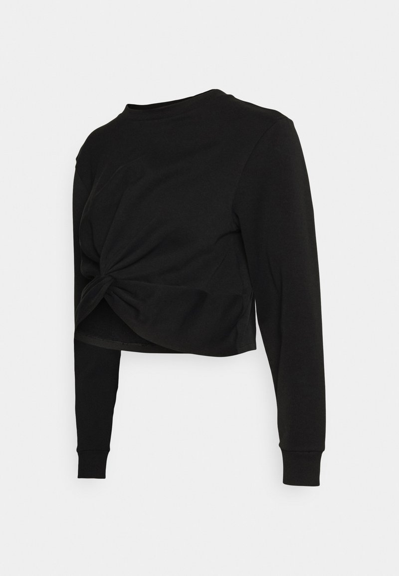 Sweat-shirt court noir à manches longues avec col rond et détail de nœud torsadé devant sur fond blanc uni.