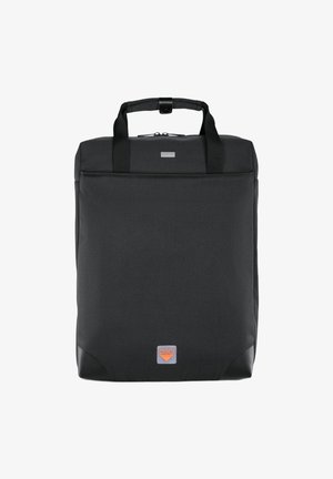 Black fabric backpack with sturdy top handles, a smooth texture, and a square design. Features a D30 logo on the lower front and rubber accents.