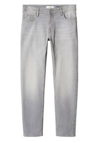 Jeans de denim gris claro con un corte recto, que presentan un lavado desgastado, diseño de cinco bolsillos y cierre de cremallera.