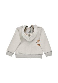 Grauer Hoodie mit Tiermustern innen. Enthält ein kleines gesticktes Design auf der Rückseite sowie kontrastierende Nähte.