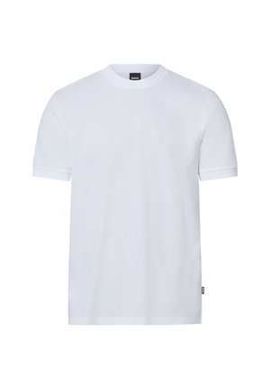 T-shirt bianca semplice a maniche corte con scollo rotondo, con una piccola etichetta nera BOSS sul colletto e un'etichetta sulla cucitura laterale.