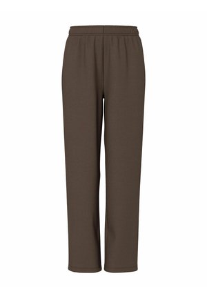 Brown, elastic waist pants made of soft fabric, featuring a straight leg design and no visible pockets or detailing.