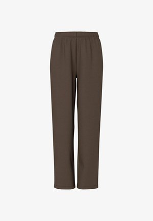 Pantalones marrones de cintura elástica, hechos de una tela suave, con un diseño de pierna recta y sin bolsillos ni detalles visibles.
