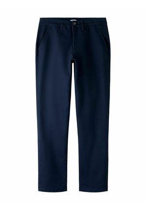 Pantaloni dritti blu navy con tasche laterali anteriori, passanti per cintura, chiusura a bottone e zip.