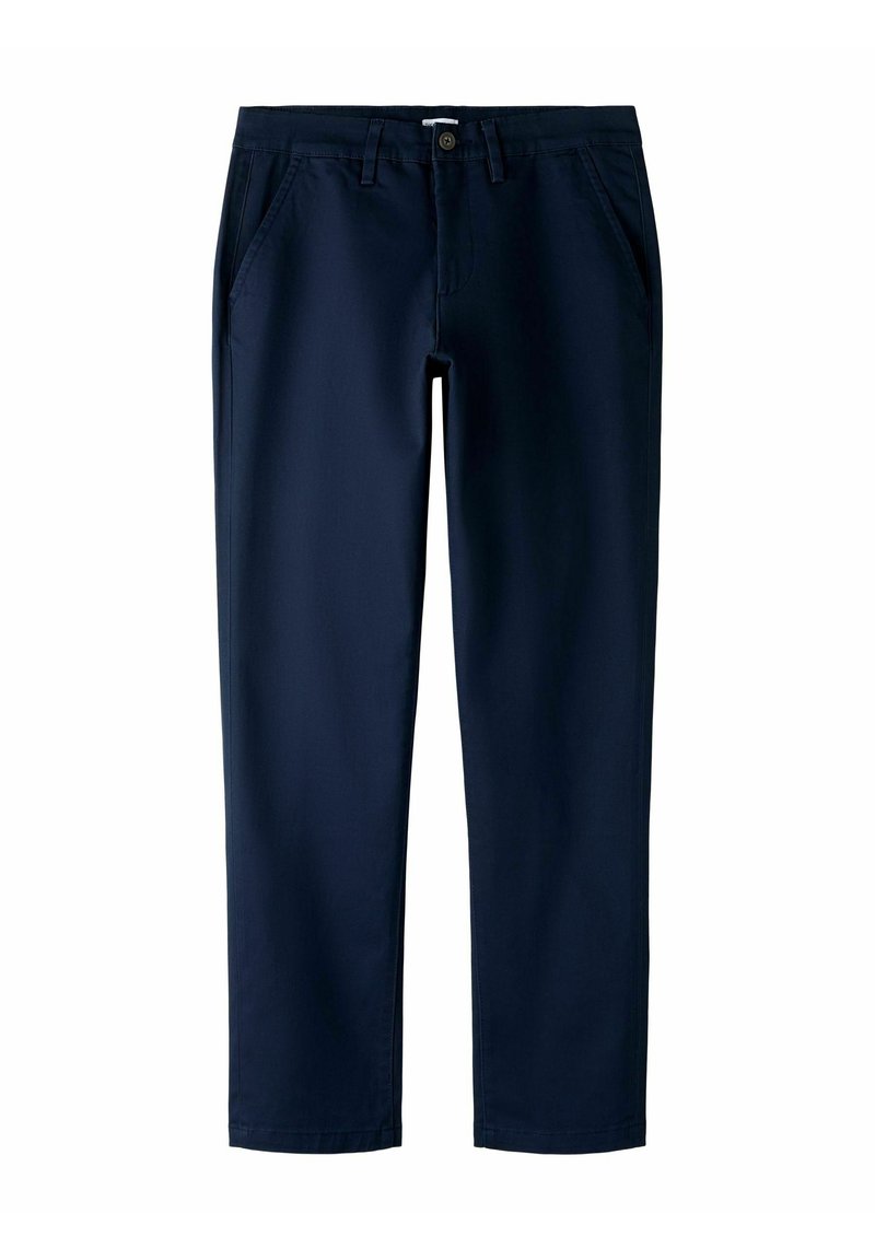 Marineblauwe rechte broek met zijzakken aan de voorkant, riemlussen, knoopsluiting en rits.