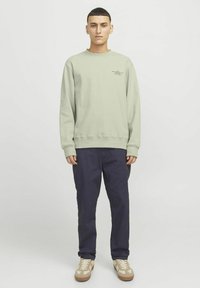 Felpa verde chiaro con collo a giro, maniche lunghe e un piccolo dettaglio di testo nero. Abbinata a pantaloni blu scuro e sneaker beige.