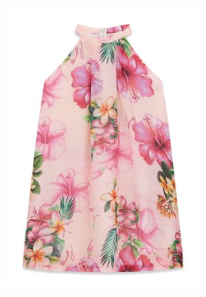 Różowa sukienka na szyję bez rękawów z dużym tropikalnym kwiatowym wzorem w odcieniach różu, pomarańczy, zielonych liści i zamkiem błyskawicznym z tyłu.
