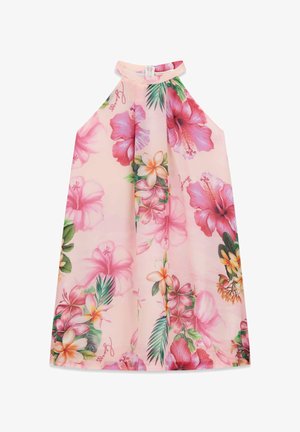 Haljina bez rukava, ružičaste boje s velikim tropskim cvjetnim uzorkom u nijansama ružičaste, narančaste i zelenih listova, zatvaračem na stražnjoj strani.
