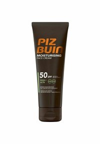 Brun plasttube av Piz Buin Moisturising Face Cream, märkt med SPF 50, med orange och vit text; har en flip-top kap.