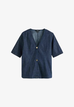 Mørkeblå bluse med korte ærmer og V-udskæring, tekstureret stof og to guldknapper foran.