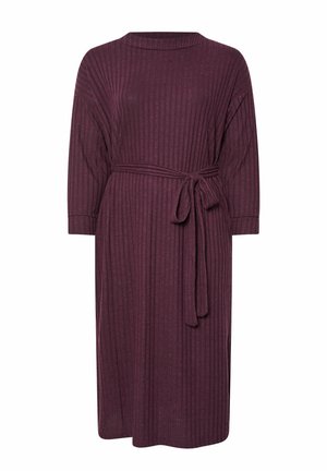Burgundy ribbed dress with three-quarter sleeves, a round neckline, and a matching tie belt at the waist. Mid-calf length. Soft texture.
