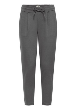 Graue Jogginghosen mit Kordelzug am Bund, zulaufenden Beinen und seitlichen Falten als zusätzliches Detail. Hergestellt aus weichem, bequemem Stoff.