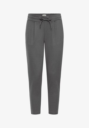 Graue Jogginghosen mit Kordelzug am Bund, zulaufenden Beinen und seitlichen Falten als zusätzliches Detail. Hergestellt aus weichem, bequemem Stoff.