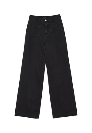 Jean noir à pattes larges avec taille haute, deux poches avant, passants de ceinture et fermeture à bouton.