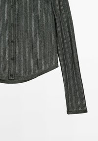 Dark gray long-sleeve knit cardigan with vertical white stripes and black buttons, shown from the front on a white background.
