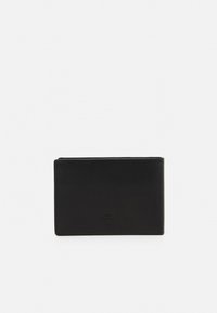 Black leather wallet with a sleek, rectangular shape. Features embossed detailing and clean lines, with a smooth texture and minimalistic design.