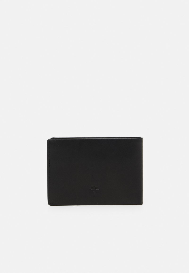 Black leather wallet with a sleek, rectangular shape. Features embossed detailing and clean lines, with a smooth texture and minimalistic design.