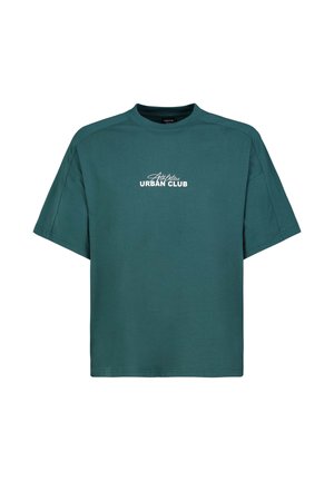 Türkisfarbenes, locker sitzendes T-Shirt mit kurzen Ärmeln und weißem Aufdruck "Athletics Urban Club" auf der Brust, Rundhalsausschnitt und entspanntem Schnitt.