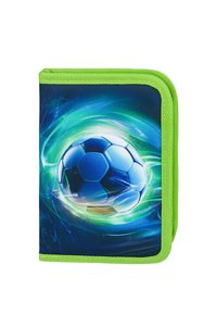 Portafoglio in tessuto blu e verde con grafica di un pallone da calcio, superficie testurizzata e bordi in verde.