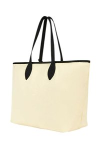 Borsa tote in tela beige con manici e bordi neri, caratterizzata da una forma rettangolare ampia e una texture liscia.