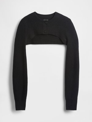 Μαύρο κοντό πουλόβερ με μακριά μανίκια, ριγέ υφή, στρογγυλή λαιμόκοψη και δύο κουμπιά μπροστά. Το ύφασμα φαίνεται μαλακό και ζεστό.