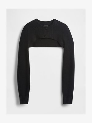 Juodas trumpintas megztinis su ilgomis rankovėmis, ribuota faktūra, apvalia iškirpte ir dviem priekinių sagomis. Medžiaga atrodo minkšta ir šilta.