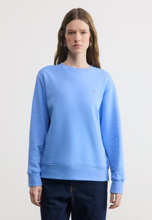 Jeune femme portant un sweat-shirt bleu clair et un jean foncé, debout contre un fond blanc uni, faisant face à l'avant avec une expression neutre.