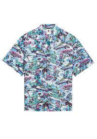 Koszulka z krótkim rękawem z kołnierzykiem, wykonana z lekkiej bawełny, z żywym tropikalnym wzorem w odcieniach zieleni, fioletu i niebieskiego. Jedna kieszeń na piersi.