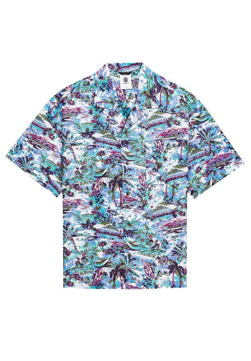 Koszulka z krótkim rękawem z kołnierzykiem, wykonana z lekkiej bawełny, z żywym tropikalnym wzorem w odcieniach zieleni, fioletu i niebieskiego. Jedna kieszeń na piersi.