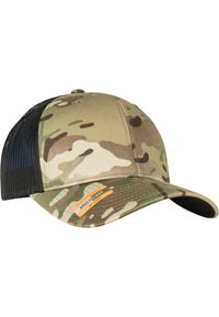 Multicam baseball cap met een patroon van stoffen in tinten groen, beige en bruin. Zwarte mesh panel aan de zijkant. Verstellbare band.