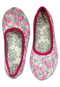 Comfortabele grijze ballerina's met een roze vlinderprint, voorzien van een contrasterende rode rand en een gestructureerde binnenvoering.