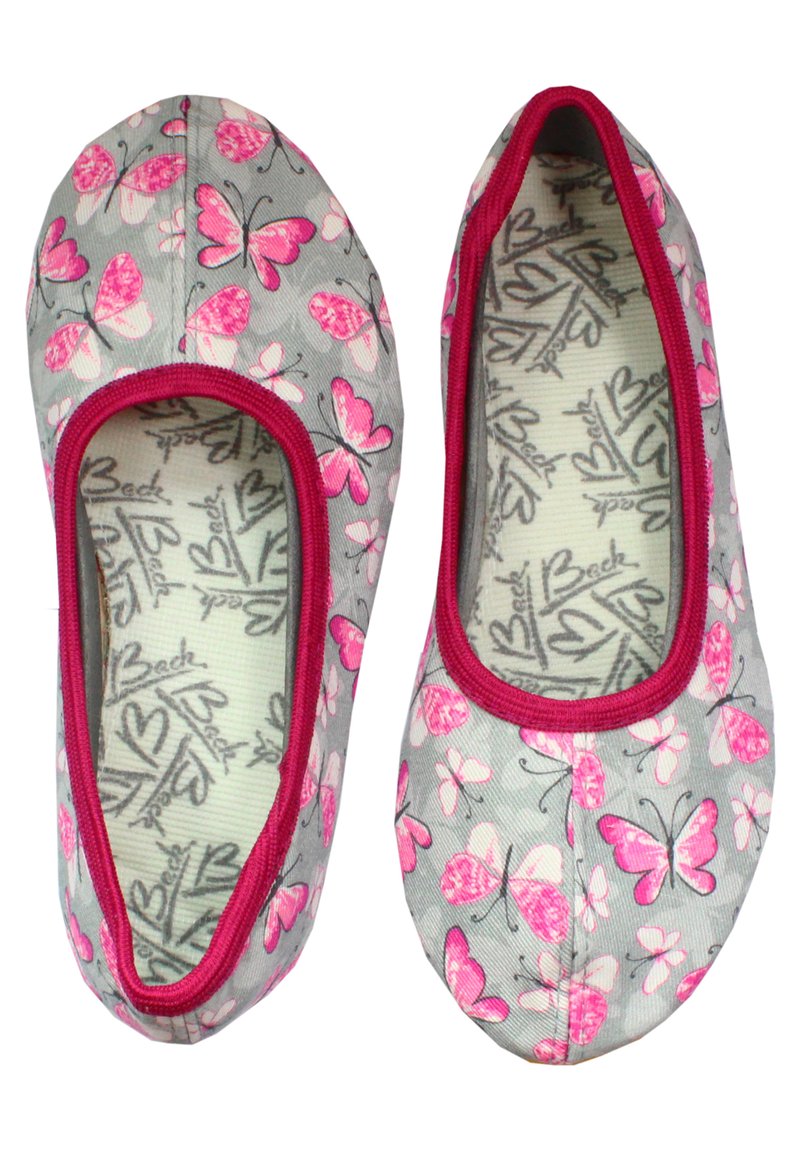 Comfortabele grijze ballerina's met een roze vlinderprint, voorzien van een contrasterende rode rand en een gestructureerde binnenvoering.