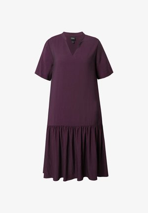 Vestido corto de manga corta en color púrpura, con escote en V, tejido texturizado y dobladillo fruncido para un ajuste relajado.