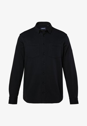 Schwarzes, langärmeliges Hemd mit Knopfleiste, Kragen und zwei Brusttaschen, aus weichem Stoff.