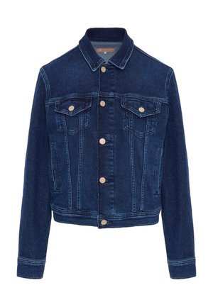 Ciemnoniebieska kurtka jeansowa z klasycznym kołnierzem, zapinana na guziki z przodu, z dwoma kieszeniami na piersi i krótkim krojem. Posiada kontrastowe przeszycia.