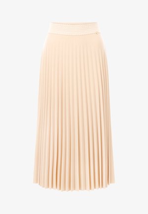 Gonna midi plissettata in morbido beige. Caratterizzata da una vita elasticizzata testurizzata e un design fluido, mette in risalto le pieghe verticali e regolari.